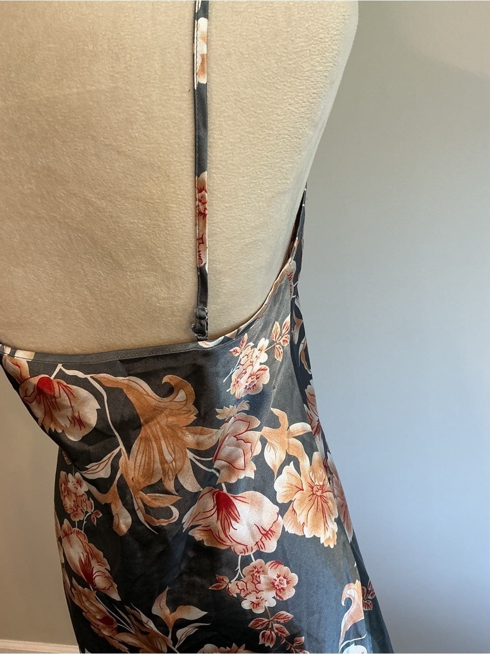 Floral Satin Slip Chemise in Slate Gray with Pink Blooms - Picture 7 of 8